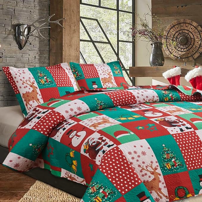 Rustic Plaid Patchwork Christmas Twin Size Bedding Set - Lightweight Reversible Bedspread & Quilt - Cabin Home Decor