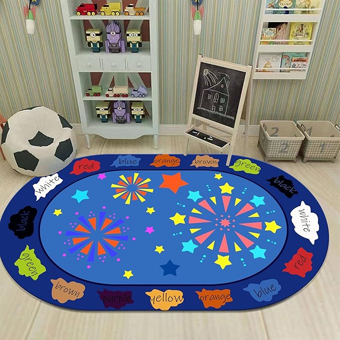 Kids Educational Rug, 4x6ft, Children's Area Rugs for Learning Colors and Shapes, Stars Firework Pattern Oval Rug for Classroom Playroom, Soft Non-Slip Blue Floor Mat for Boys Girls Bedroom