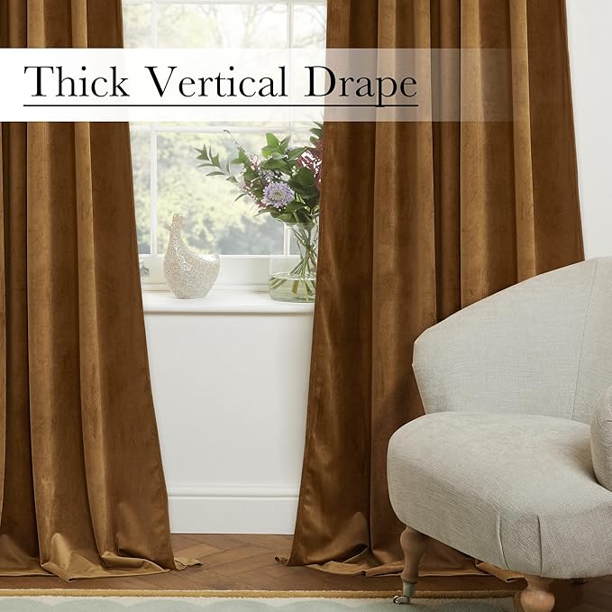 StangH Blackout Gold Brown Velvet Curtains for Bedroom, Back Tab Heat Resistant Privacy Window Drapes Halloween Holiday Home Decoration for Kitchen, W62 x L84, 2 Panels