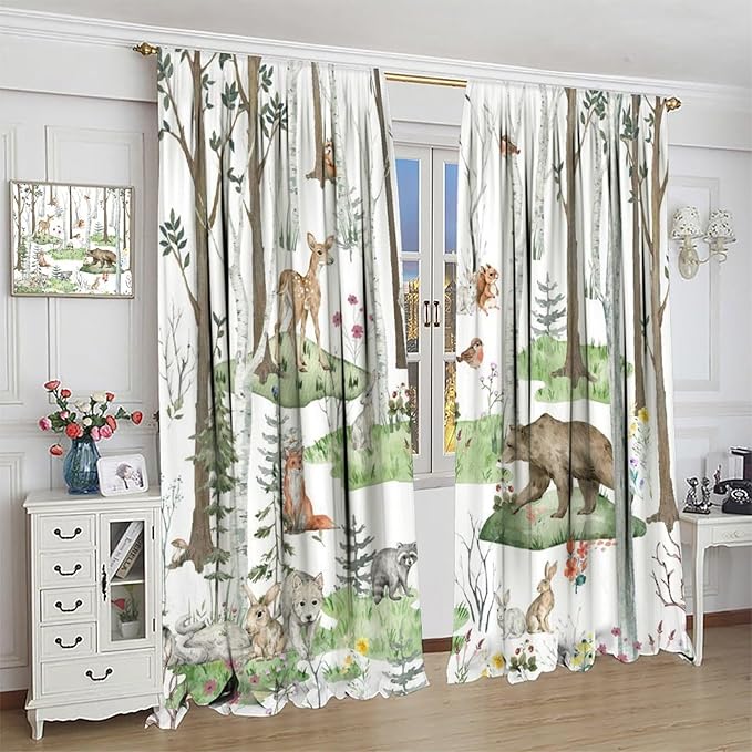 YCness Woodland Animals Curtains, Wild Animals Watercolor Forest Bear Deer Fox Rabbit Floral Nature Window Treatments for Bedroom Kitchen Nursery Living Room Drapes, 55x63 Inch