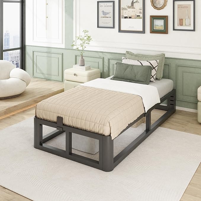 Metal Heavy Duty 12 inch Twin XL Bed Frame with Rounded Corner and Headboard Hole Mattress Retainers 3500 LBS No Box Spring Needed Platform Noise Free Easy Assembly