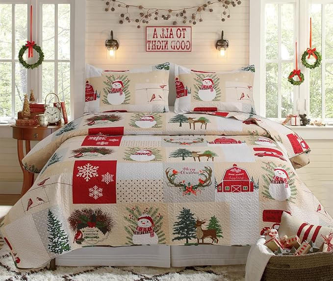 Christmas Quilt Set - Twin Size Plaid Patchwork Lightweight Quilt Set Bedding Reversible Xmas Home Decor Holiday Quilt Bedding Lodge Snowman Theme