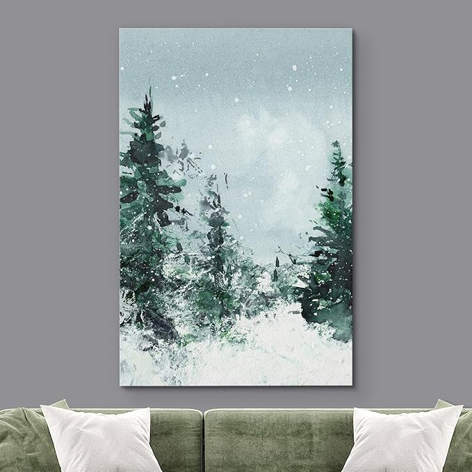 SIGNWIN Canvas Print Wall Art Woodland Nursery Decor Winter Snow Watercolor Pine Tree Forest Nature Illustrations Modern Art Decorative Landscape Colorful for Living Room, Bedroom, Office - 32"x48"