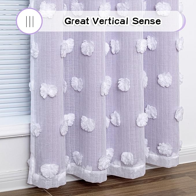 MYSKY HOME Lilac Curtains for Bedroom 72 Inches Long Nursery Curtains Pom Pom White Sheer Curtains for Girls Room Double Layer for Toddler Bedroom Grommet Room Darkening Window Panels 52" x 72"