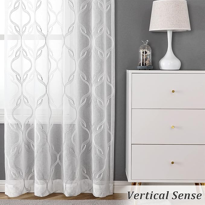 VISIONTEX Sheer Curtains 72 Inches Long 2 Panels Set, Grey and Ivory Moroccan Embroidery Texture Geometric Rod Pocket White Voile Tulle Semi Window Treatment Pair for Bedroom, W54 x L72