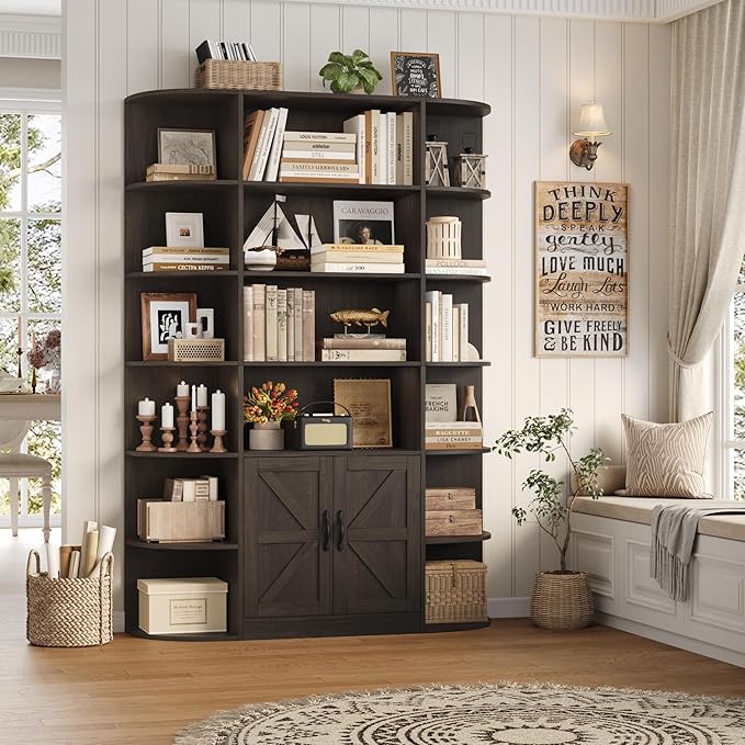 HOSTACK 75" Tall Book Shelf and Bookcase, 6 Tier Bookshelf with Storage, 47" Wide Bookcase with Doors, Freestanding Wood Display Shelves with Book Storage Cabinet for Home Office, Dark Brown