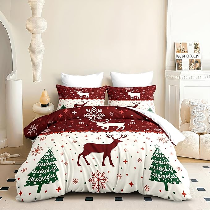 Christmas Duvet Cover King Size Red Bow Deer Bedding Set Kids Boys Girls Xmas Christmas Tree Comforter Cover 3 Pieces with Zipper Closure (No Comforter)