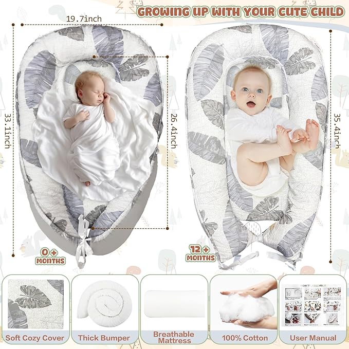 JIFTOK Baby Nests Lounger for Newborn, Snuggle Bassinet for 0-24M, Breathable Portable Co Bed, Baby Essentials Adjustable Infant Soft Cotton Loungers for Home & Travel -Leaves