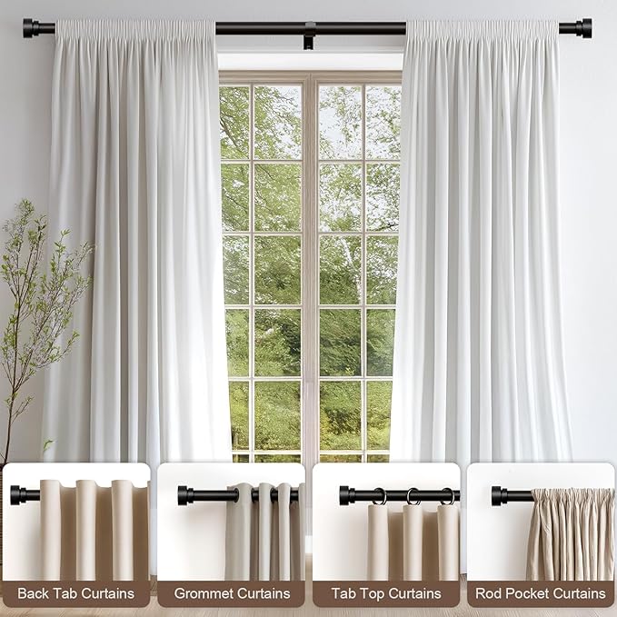 Modern Black Curtain Rods for Windows 28 to 48 Inches Adjustable Length Heavy Duty 1" Diameter Window Curtain Rod with Decorative Finials for Outdoor Bedroom Kitchen Living Room
