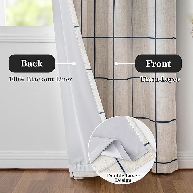MYSKY HOME 100% Blackout Plaid Linen Curtains 72 Inches Length Double Layer Farmhouse Thermal Insulated Striped Print Drapes with Rod Pocket Back Tab for Bedroom Living Room, 2 Pcs, 52"Wide, Navy Blue