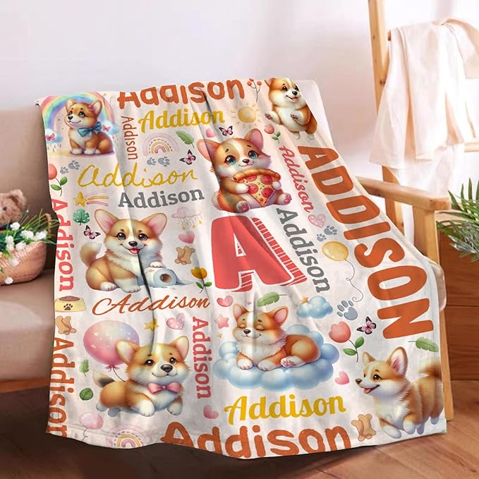 Personalized Custom Corgi Dog Blanket Gifts for Kids Boys Girls with Name - Customized Corgi Dog Super Soft Lightweight Flannel Sheets Decor for Crib Nap Couch - 60"x80" for Adult