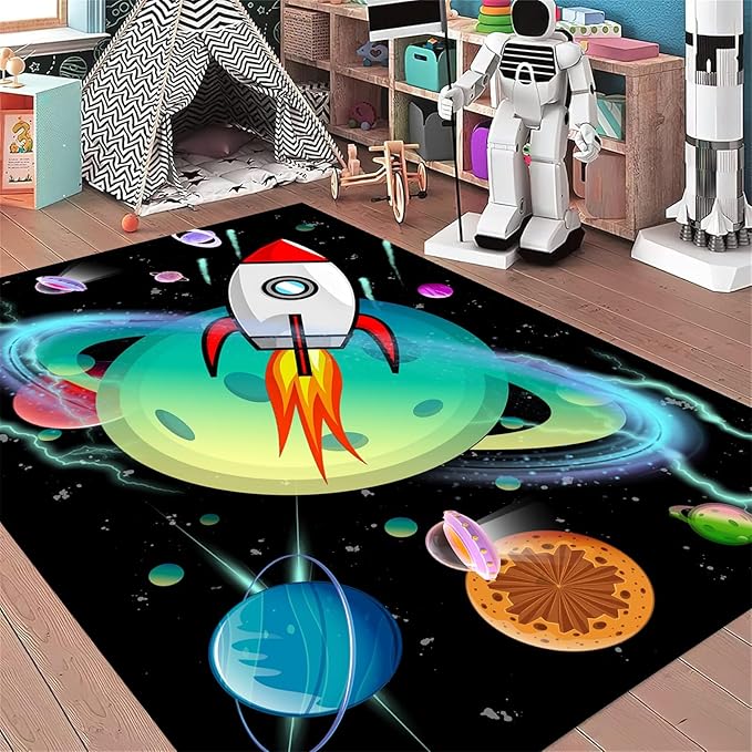 Outer Space Kids Area Rug,4x5ft,Kids Playroom Crawling Mat, Machine Washable, Non-Slip Carpet with Cartoon Planets and Rocket Design, Suitable for Boys' Bedroom, Class, Nursery Decorative Rug