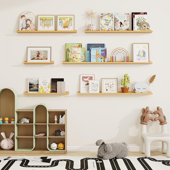 Picture Ledge Shelf, Floating Shelves Set of 2, 48 Inches Solid Wood Nursery Book Shelves for Toys Storage, Kids Bookshelf Wall Mounted for Living Room Bedroom Decor Books Photo Frames, Natural