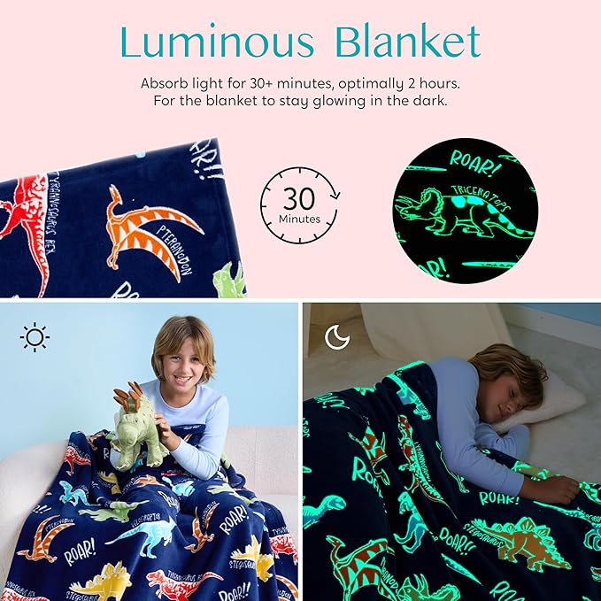Joiedomi Glow in The Dark Blanket Dinosaur Toys for Kids 3-5 Dinosaur Gifts Toys for Age 2 3 4 5 6 7 8 9 10 11 12 Year Old, Soft Cozy Flannel Kids Throw Blanket, Birthday 40"×60"