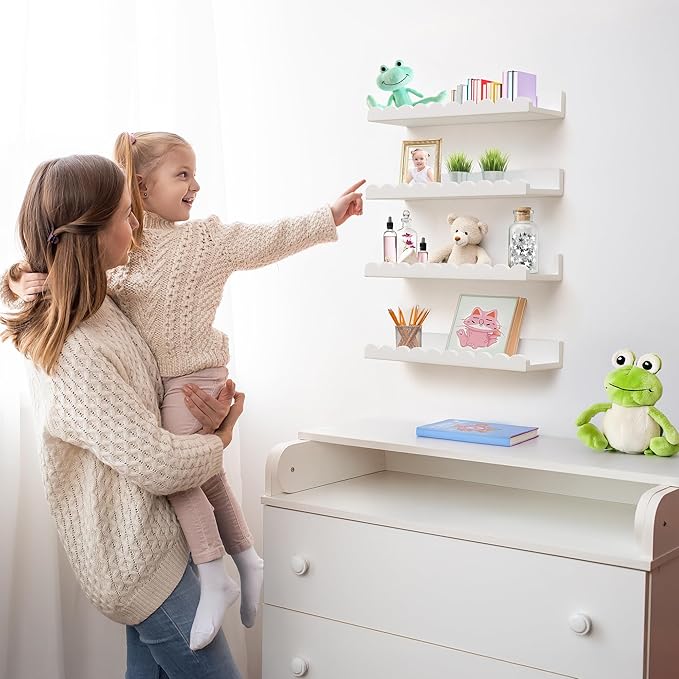 Scalloped Shelves - Set of 4 Pre-Assembled 15.6inch White Floating Nursery Book Shelves, Scalloped Book Shelf - Kids Wall Decor, Nursery Decor, Floating Shelves for Wall