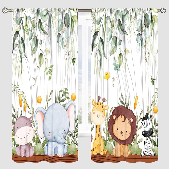 YCness Forest Animal Curtains, Watercolor Wild Animal Bear Fox Deer Kids Window Treatments for Living Room Bedroom, Green Woodland Tree Kids Drapes 2 Panel Sets,42x54 Inch