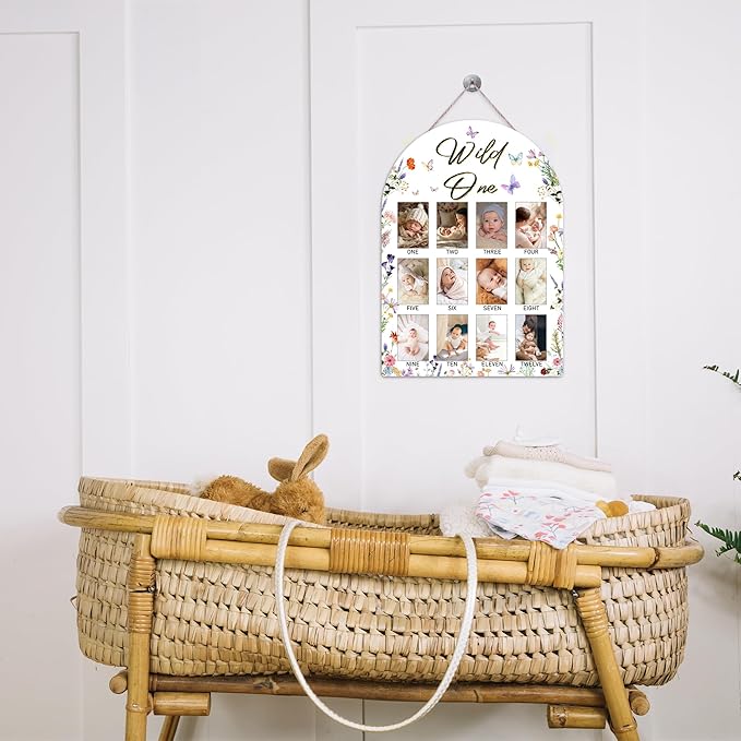 Wild One My First Year Photo Board, Wildflower Baby Milestone Signs for Boys Girls Nursery Decor, 12 Month Wooden Picture Board for 2x3 Photos, Best Babies Keepsake Gifts-A19