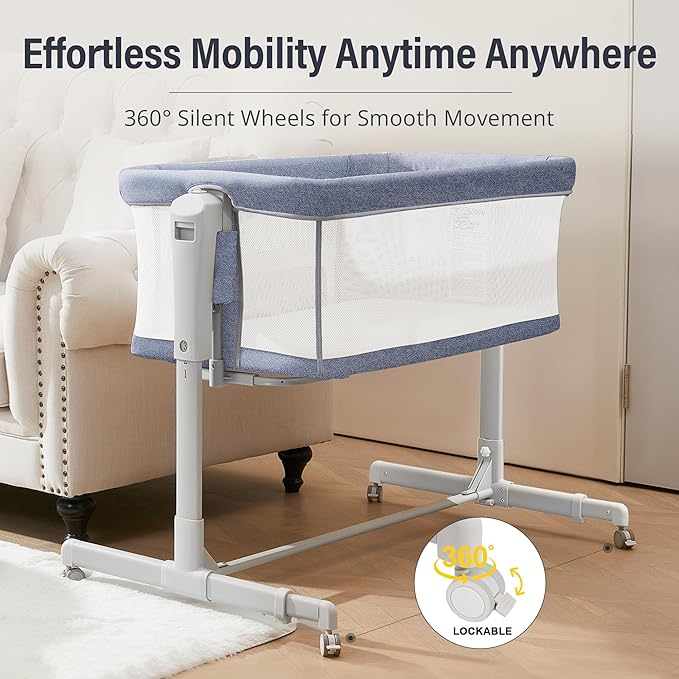 Baby Bassinet Bedside Sleeper 3-in-1, Easy Night Feeding with One-Side Fold & Rolling Wheels, Breathable Mesh, 6-Height Adjustable, Soft Mattress for Newborns