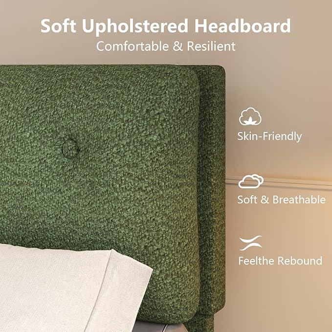 Full Size Bed Frame with Headboard, Cloud Boucle Upholstered Bed Frame, Modern Soft Style, Adjustable Headboard, No Box Spring Needed, Easy Assembly, Green