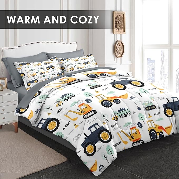 5 Pcs Twin Size Comforter Set with Pillowcase & Sham, Tractor Bedding for Kids and Adults, Construction Truck Bedding Set with Flat & Fitted Sheet