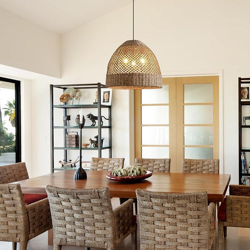 18.9" Large Rattan Chandelier,Boho 3-Lights Wicker Hand-Woven Farmhouse Seagrass Ceiling Hanging Pendant Lighting for Kitchen Islands Dining Rooms,