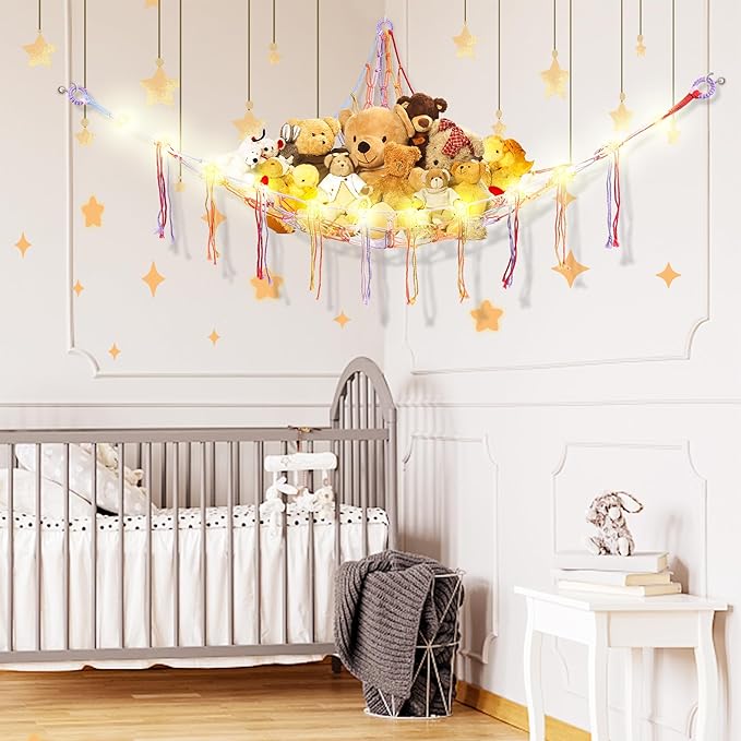 Stuffed Animal Hammock with LED Light, Large Stuffed Animals Storage Corner Plushie Net for Kids Room Decor, Rainbow