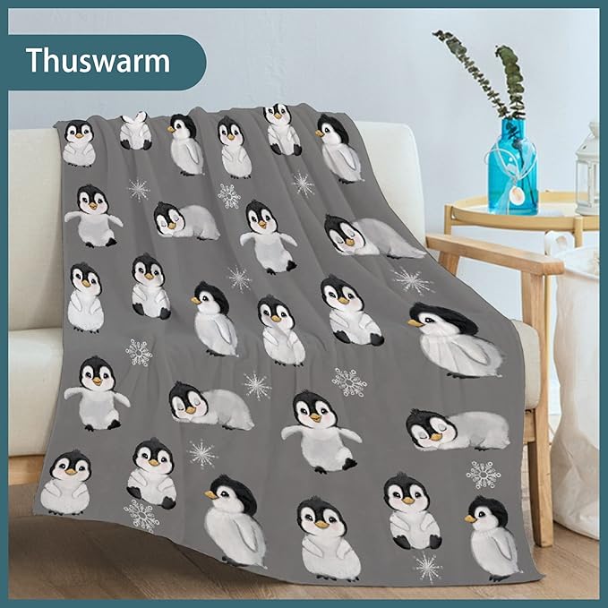 Thuswarm Cute Penguin Grey Flannel Throw Blanket Gifts Warm Cozy Soft Funny Print Blankets for Summer Room Decoration Bed Couch Sofa 80”×60” Large for Adult