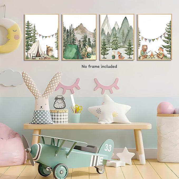 Kousne Woodland Adventure Nursery Canvas Wall Art Set of 4 Camping Animal Prints BearFox Rabbit Hiking PostersForest Mountain Themed Kids Room PictureNature Exploration Wall Decor Frameless 8x10In ﻿