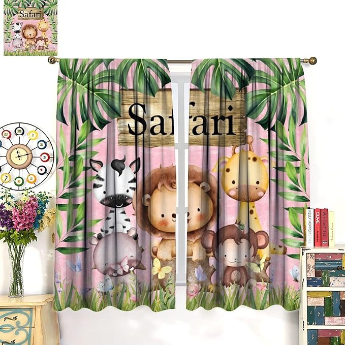Kids Safari Animals Curtains, Cartoon Wildlife Tropical Leaf Pink Blackout Window Treatments, Rod Pocket Thermal Insulated Drapes 2 Panel Sets for Bedroom Nursery Classroom, 42" W X 54" L