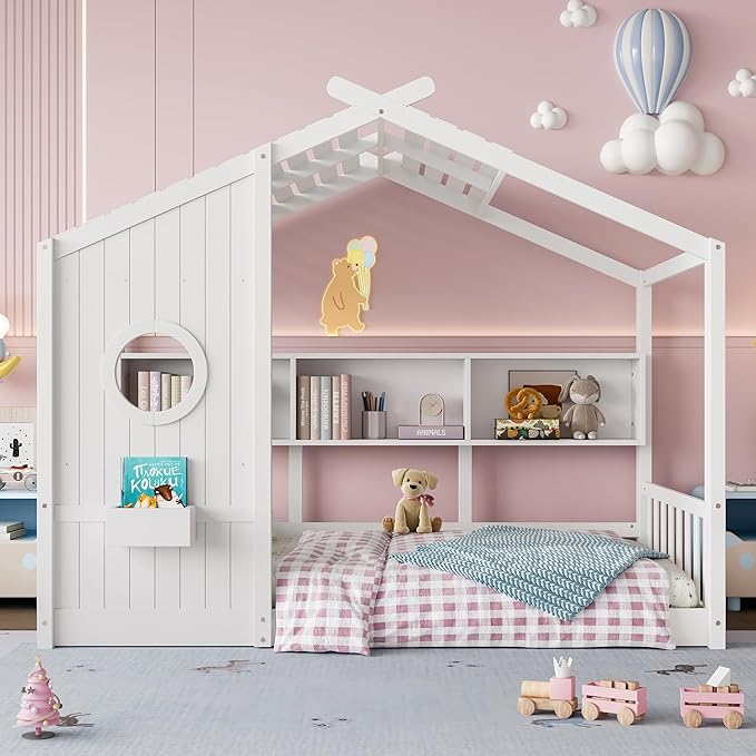 Merax Wood Cute House Bed with Storage Shelves, Twin Size Floor Platform Bed Frame with Headboard & Roof Design, No Box Spring Needed, White