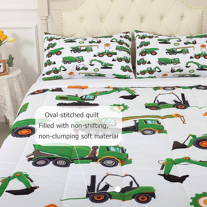 Comforter Set Green Tractor: Queen Size Cartoon Excavator Truck Car Bedding Sets for Boys Kids Teens Toddler Construction Vehicles Quilt Bed Set with 1 Comforter & 2 Pillowcases