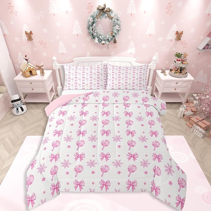 Feelyou Pink Christmas Bedding Set Soft for Boys Girls, Bow Candy Comforter Set King Size Star Snowflake Duvet Quilt Microfiber Bedroom Decor 3 Pcs with 2 Pillow Cases