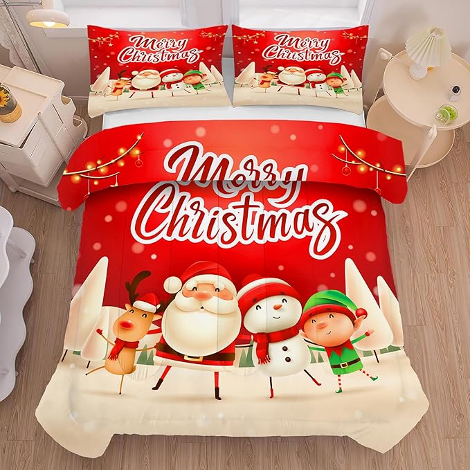 Christmas Bedding Sets King Size Comforter Set for Kids Boys Girls Bedroom Xmas Gift Christmas Festival Winter Snow Quilt Set,1 Comforter + 2 Pillow Cases