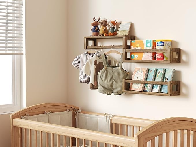 Sturdy Floating Shelves – Set of 3 Wall Bookshelves and Nursery Floating Shelves for Books, Toys, Kitchen, Bathroom, and Home Decor – Walnut Brown