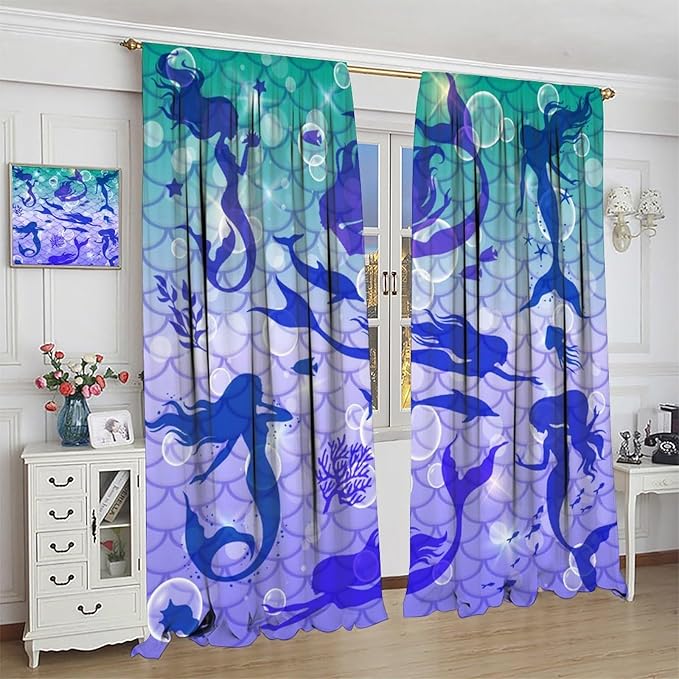 Mermaid Kids Girls Curtains Fantasy Mermaid Silhouette Ocean Theme Beautiful Blackout Window Treatment for Girls Bedroom Nursery Room Decor Rod Pocket Window Drapes 84" W X 84" L