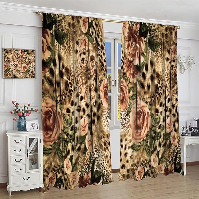 Leopard Floral Blackout Curtains, Cute Boho Floral Cheetah Animal Pattern Safari Natural Theme Window Treatments for Bedroom Living Room 63" W X 63" L