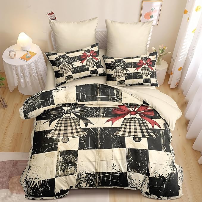 Christmas Duvet Cover Queen Size Retro Christmas Bell Gingham Bedding Set 3 Pcs Kids Boys Girls Xmas Happy Holiday Checked Pattern Comforter Cover with Zipper Closure (No Comforter)