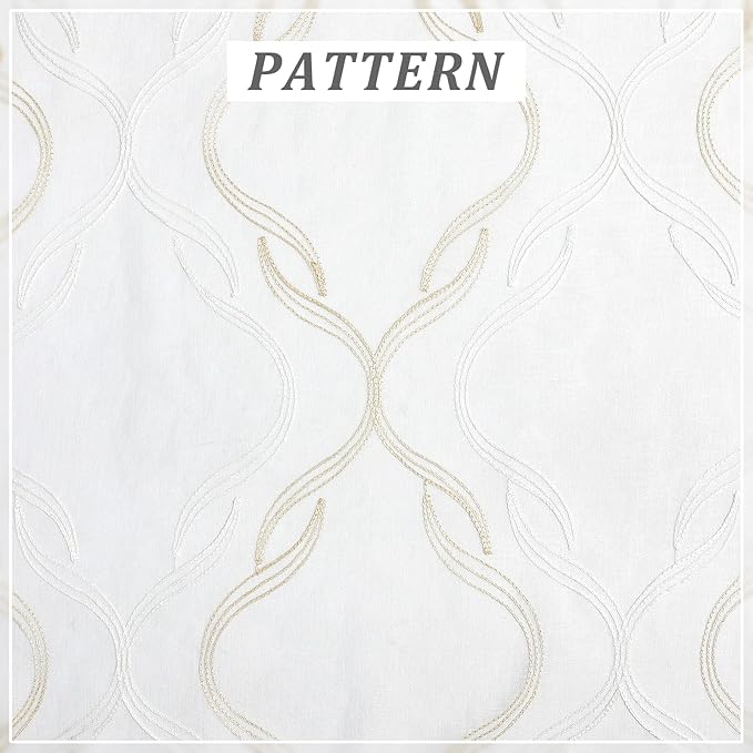 VISIONTEX Sheer Curtains 95 Inches Long 2 Panels Set, Beige and Ivory Moroccan Embroidery Texture Geometric Rod Pocket White Voile Tulle Semi Window Treatment Pair for Bedroom, W54 x L95