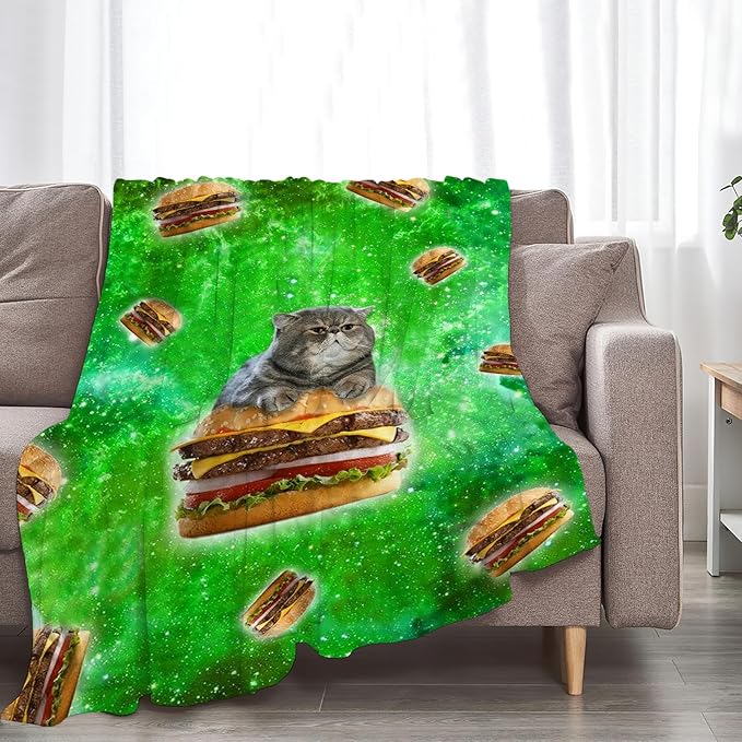 Tijuboni Hamburger Cat Throw Blanket Funny Cat Gifts for Girls Boys Women Men Kids Adults Soft Flannel Fleece Blanket for Couch Sofa Bed Home Decor 50"x60"