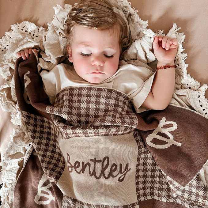 Personalized Signature Gingham Blanket – 100% Organic Cotton Customized Baby Blanket, Custom Name, Crib 36x60, Gift for Baby Shower, Birthday Present, Girls and Boys, Toddlers Kids, Made In America
