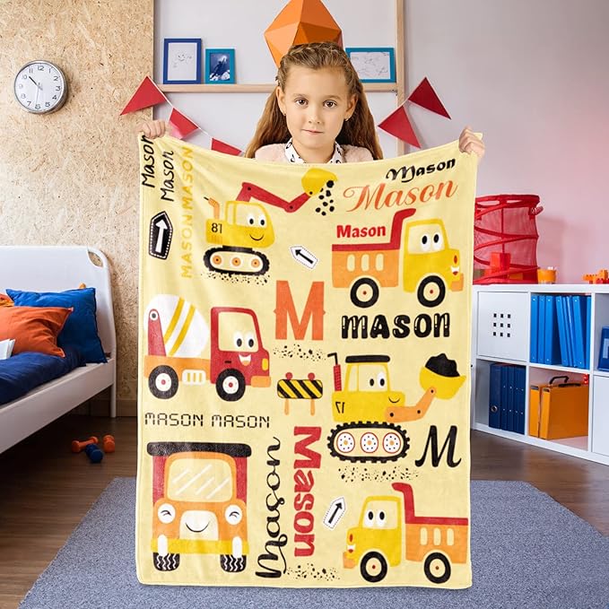 Custom Construction Blanket with Name for Boys Girls Kids, Personalized Name Blanket Construction Vehicles, Soft Flannel Blankets Customized Gift for Children Day Birthday Christmas-40 x50