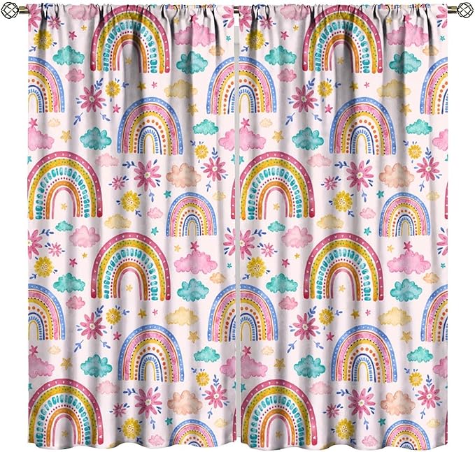 Kids Rainbow Curtains Boho Cartoon Colorful Stars Pink Lovely Rainbow Abstract Art Pattern Print Window Drapes for Bedroom Living Room Kitchen Decor,2 Panel Set,84x84 Inch Blackout