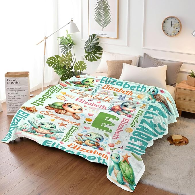 Personalized Custom Cute Turtle Blanket Gifts for Kids Boys Girls with Name - Customized Cute Turtle Super Soft Lightweight Flannel Sheets Decor for Crib Nap Couch - 90"x120" for Whole Family