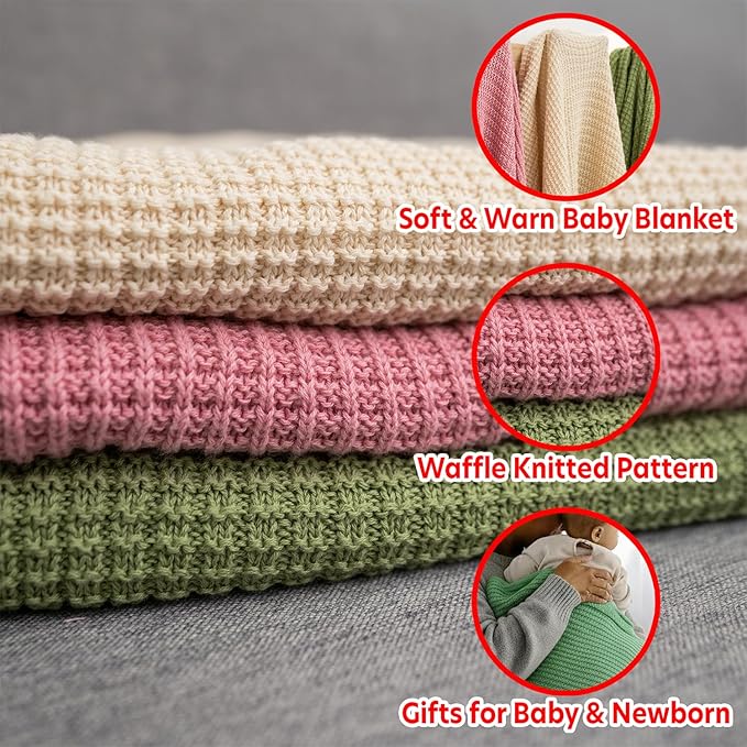 Baby Knit Blanket, 100% Cotton Waffle Patterns, Soft, Cozy, Lightweight Swaddle for Newborn & Infant Swaddling Beige Neutral, Perfect Baby Shower Ideas Green 30x30