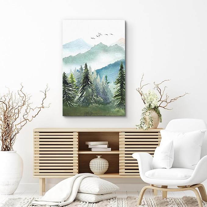 SIGNWIN Canvas Print Wall Art Watercolor Green Forest Tree Mountain Range Nature Landscape Prints Modern Art Woodland Nursery Decor for Living Room, Bedroom, Office - 32"x48"