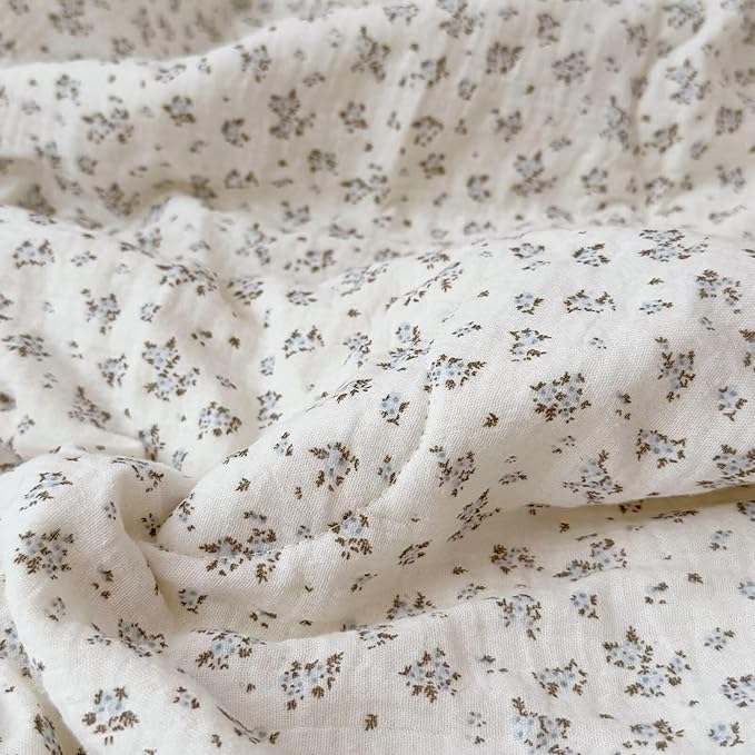 BuLuTu Chic Floral Kids Quilt 100% Cotton Muslin Comforter for Twin Bed/Toddler Bed, Blue Brown Flower Quitled Blanket Lace Edges Comforter for Toddler Girls Boys, 47x59 Inches, No Pillow