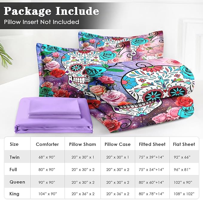 7 Pcs King Size Comforter Set with 2 Pillowcases & 2 Shams, Sugar Galaxy Bedding for Kids and Adults, Vintage Skeleton Flower Bed in a Bag with Flat Fitted Sheet