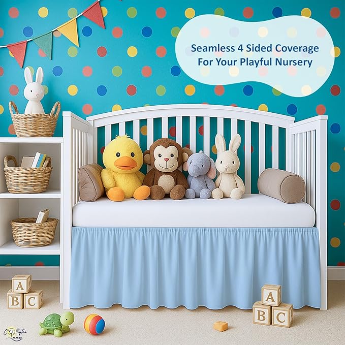 Cottington Lane Light Blue Infrant Crib Bed Skirt Dust Ruffle with Split Corner, 100% Natural Cotton Nursery Crib Toddler Bedding Skirt for Baby Girls or Boy, Fits Standard Cribs 28"x52" with 14" Drop