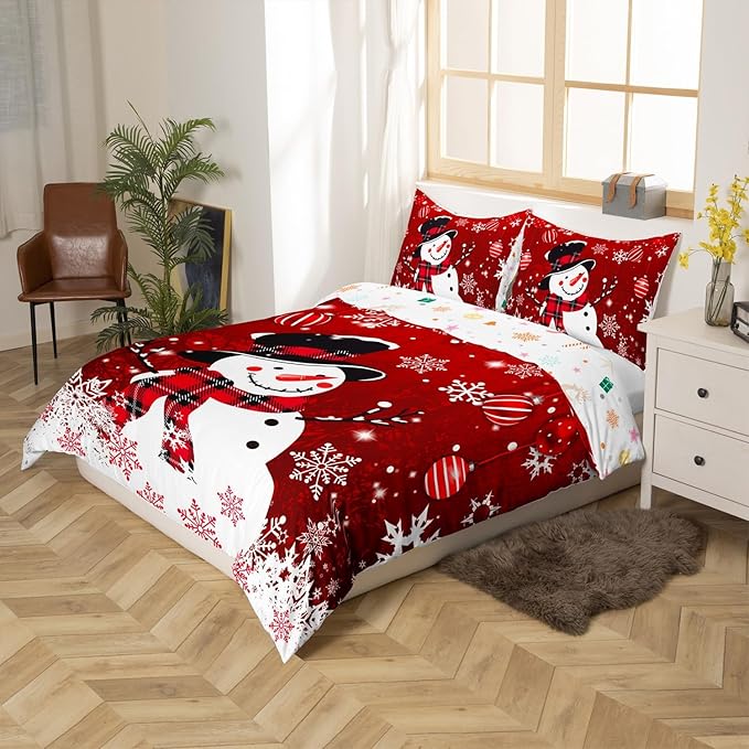 Manfei Snowman Duvet Cover Set King Size, Snowflake Balloon Xmas Decor Comforter Cover with 2 Pillowcases, Christmas Red Bedding Set 3pcs for Kids Boy Girls Lightweight Bedspread Cover,No Comforter