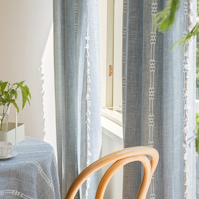 ENJOYBRIDAL Boho Curtains 96 Inch Length 2 Panels Semi Sheer Blue Grey Drapes Embroidered Tassel Rod Pocket Hollow Out Window Curtain Panels Farmhouse Window Treatment for Bedroom Living Room